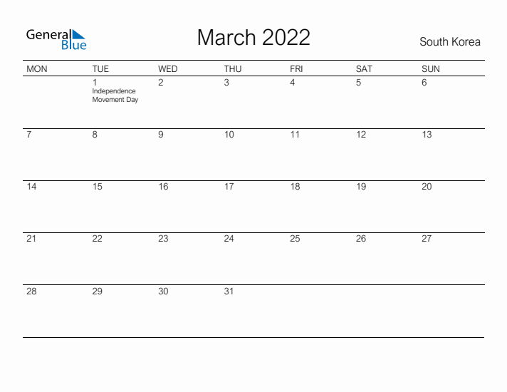 Printable March 2022 Calendar for South Korea