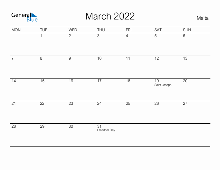 Printable March 2022 Calendar for Malta