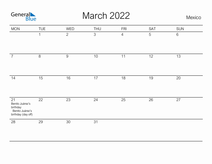 Printable March 2022 Calendar for Mexico