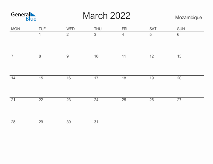 Printable March 2022 Calendar for Mozambique