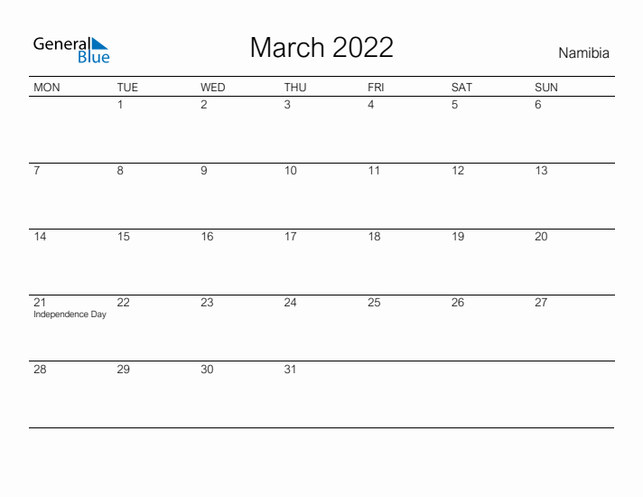 Printable March 2022 Calendar for Namibia