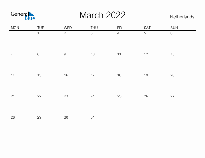 Printable March 2022 Calendar for The Netherlands