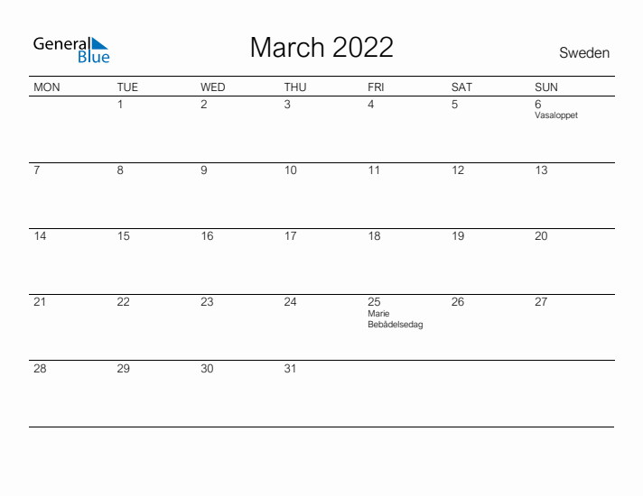 Printable March 2022 Calendar for Sweden