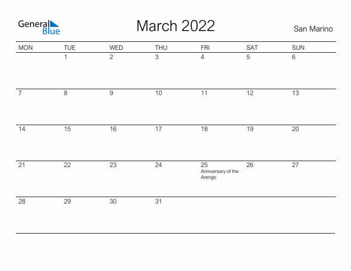 Printable March 2022 Calendar for San Marino