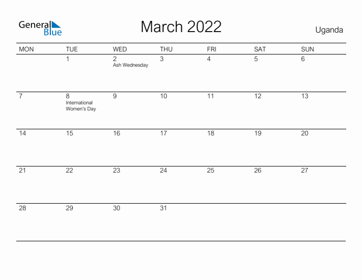 Printable March 2022 Calendar for Uganda