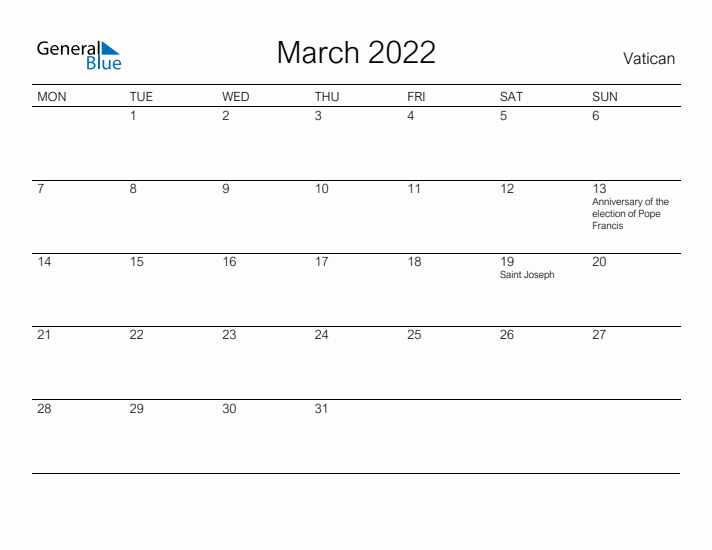 Printable March 2022 Calendar for Vatican