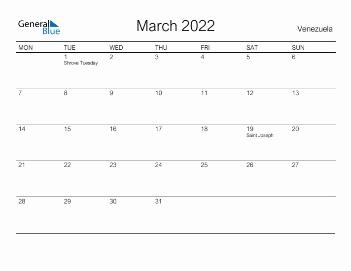 Printable March 2022 Calendar for Venezuela