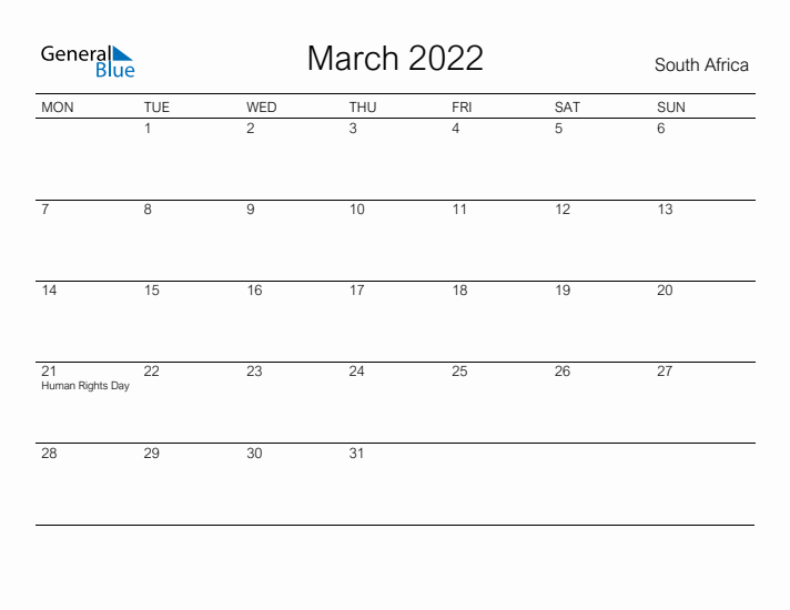 Printable March 2022 Calendar for South Africa