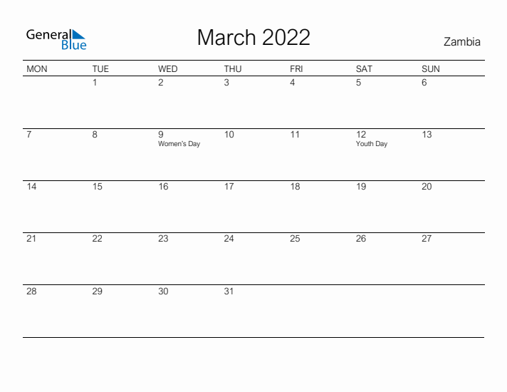 Printable March 2022 Calendar for Zambia