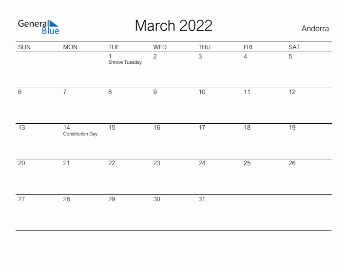Printable March 2022 Calendar for Andorra
