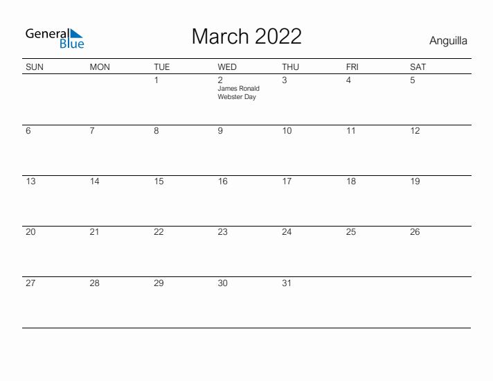 Printable March 2022 Calendar for Anguilla