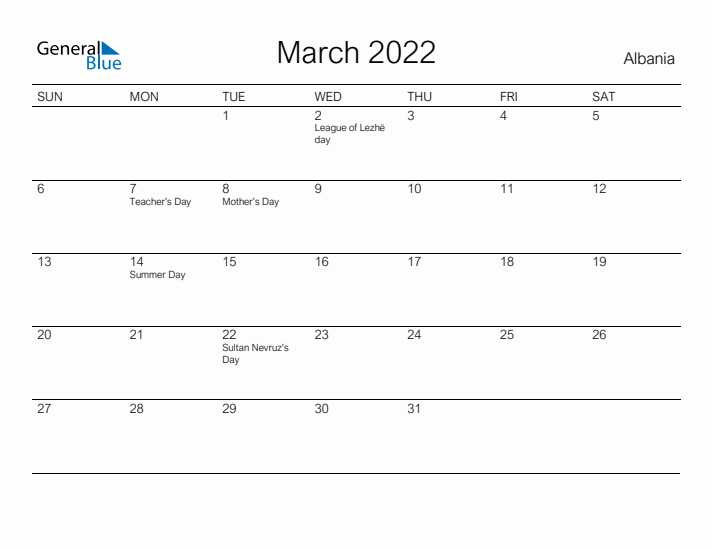 Printable March 2022 Calendar for Albania