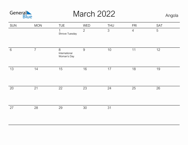 Printable March 2022 Calendar for Angola