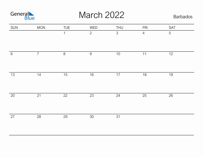 Printable March 2022 Calendar for Barbados