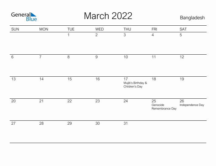 Printable March 2022 Calendar for Bangladesh
