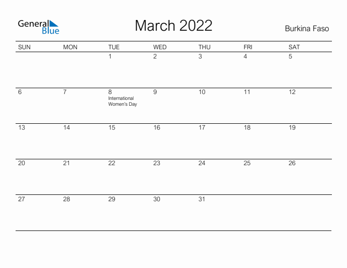 Printable March 2022 Calendar for Burkina Faso