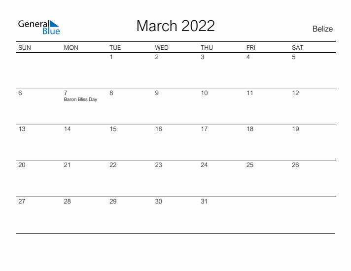 Printable March 2022 Calendar for Belize