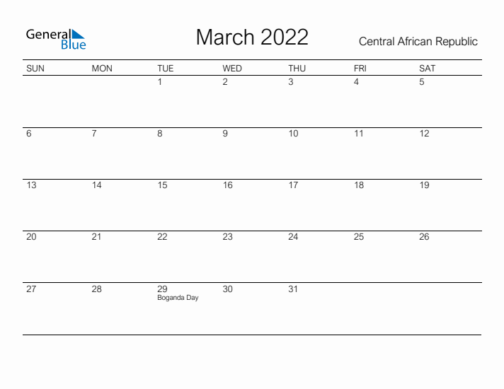 Printable March 2022 Calendar for Central African Republic