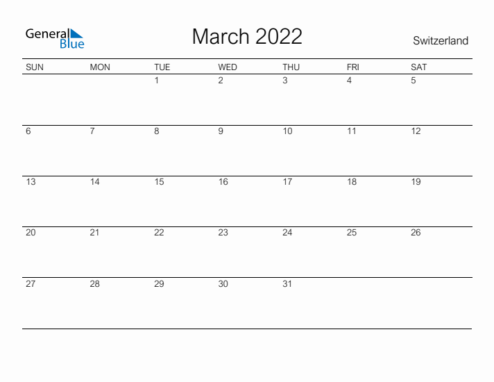 Printable March 2022 Calendar for Switzerland