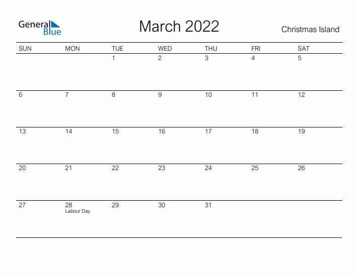 Printable March 2022 Calendar for Christmas Island