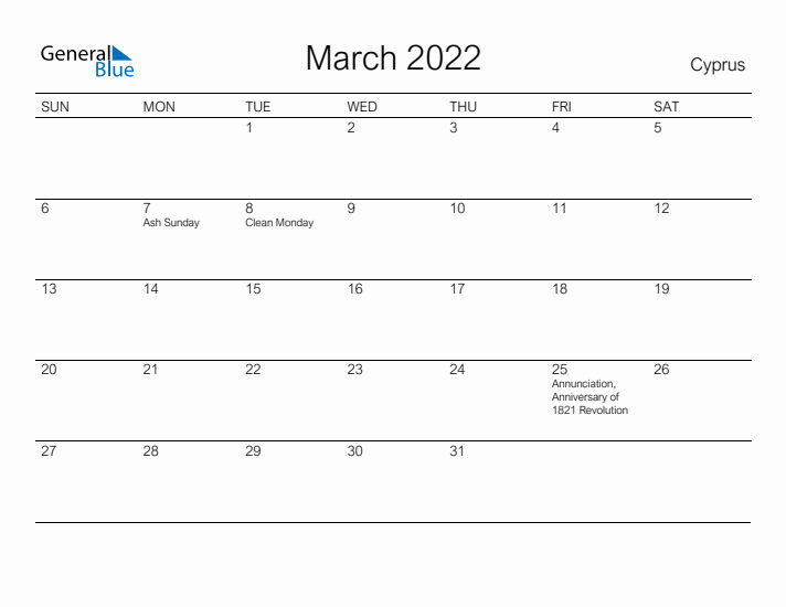 Printable March 2022 Calendar for Cyprus