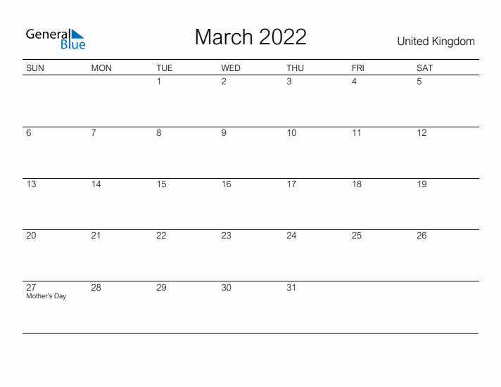 Printable March 2022 Calendar for United Kingdom