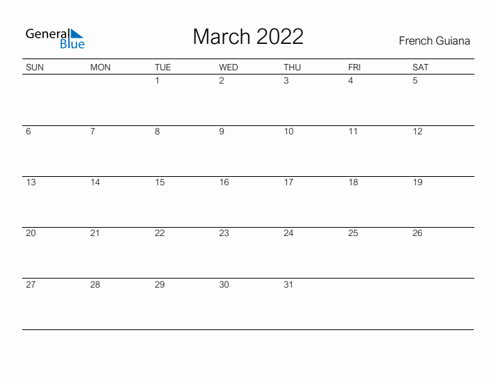 Printable March 2022 Calendar for French Guiana