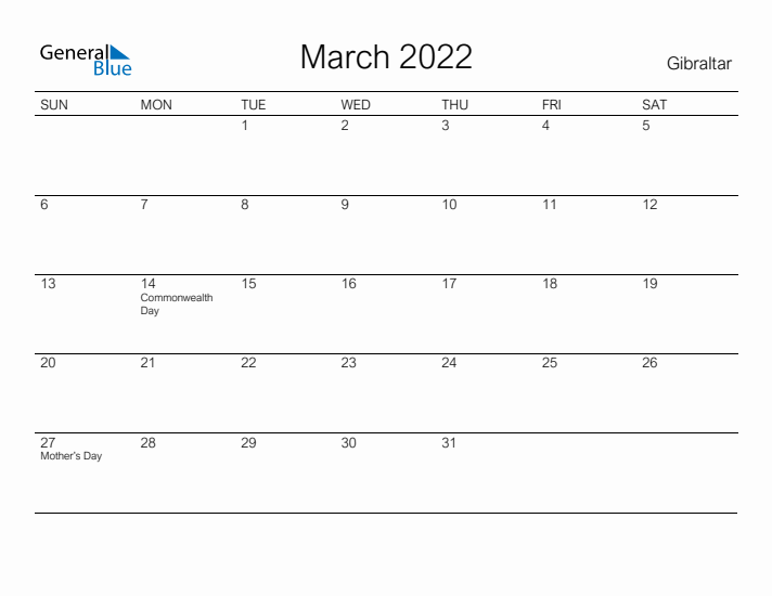 Printable March 2022 Calendar for Gibraltar
