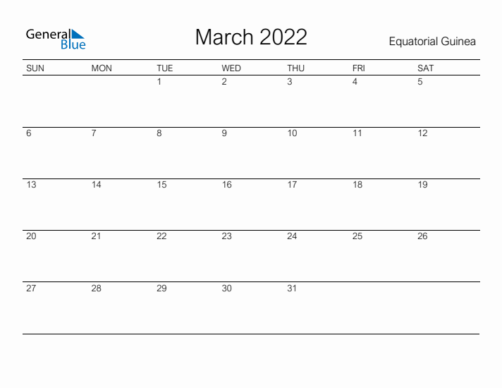 Printable March 2022 Calendar for Equatorial Guinea