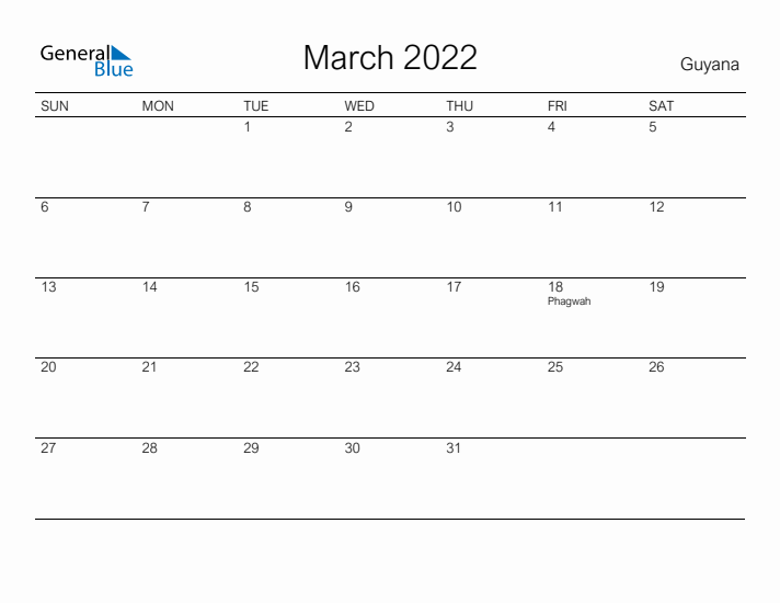Printable March 2022 Calendar for Guyana