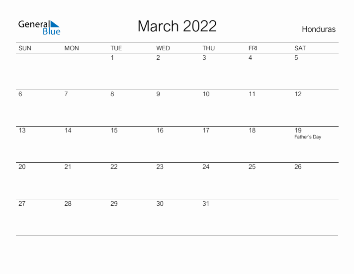 Printable March 2022 Calendar for Honduras