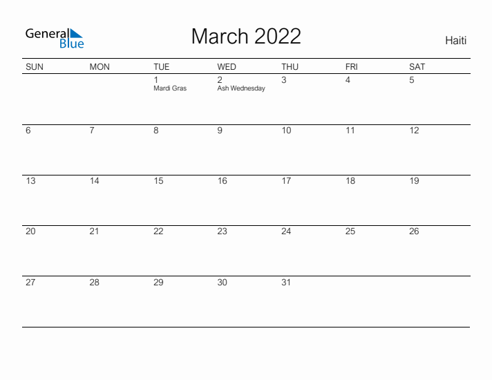 Printable March 2022 Calendar for Haiti