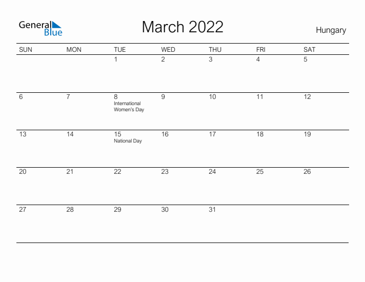 Printable March 2022 Calendar for Hungary