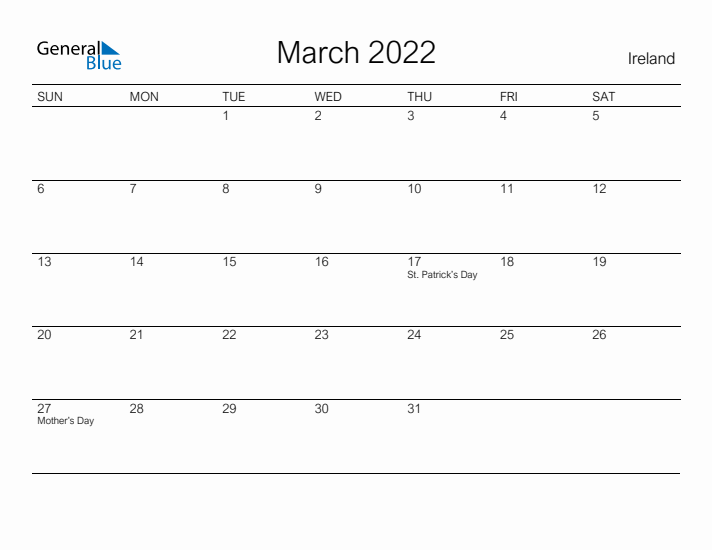 Printable March 2022 Calendar for Ireland