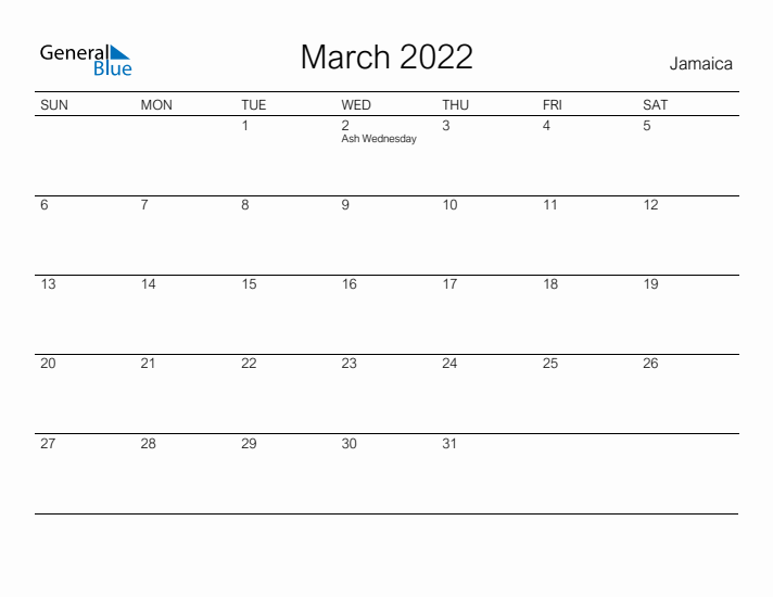 Printable March 2022 Calendar for Jamaica
