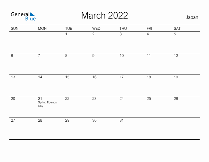 Printable March 2022 Calendar for Japan