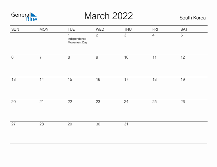 Printable March 2022 Calendar for South Korea