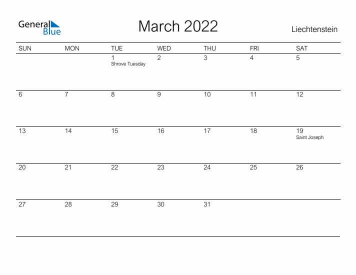 Printable March 2022 Calendar for Liechtenstein