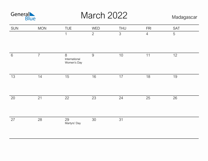 Printable March 2022 Calendar for Madagascar