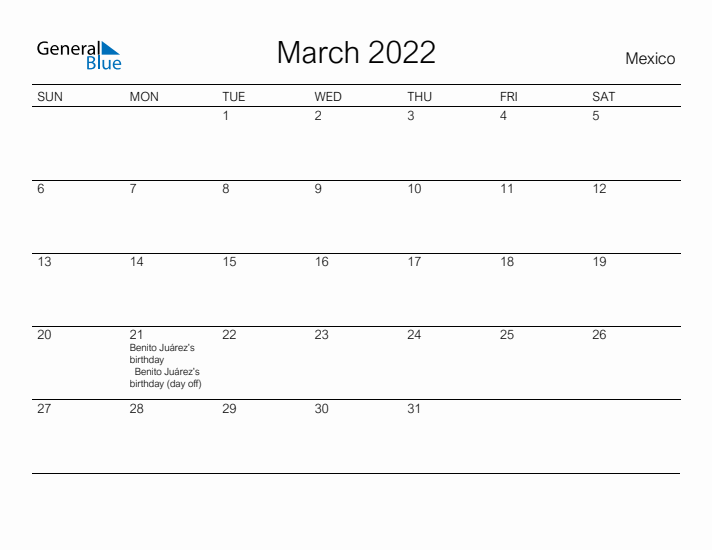 Printable March 2022 Calendar for Mexico