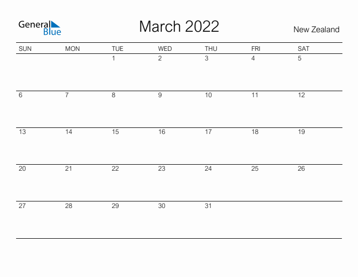 Printable March 2022 Calendar for New Zealand