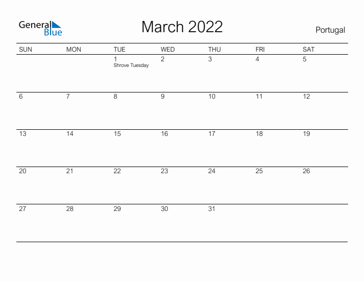 Printable March 2022 Calendar for Portugal