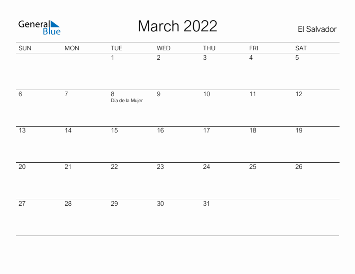 Printable March 2022 Calendar for El Salvador