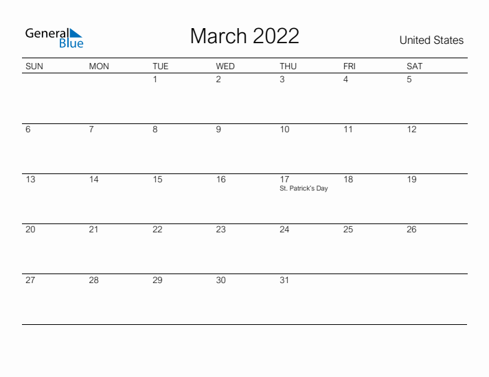 Printable March 2022 Calendar for United States