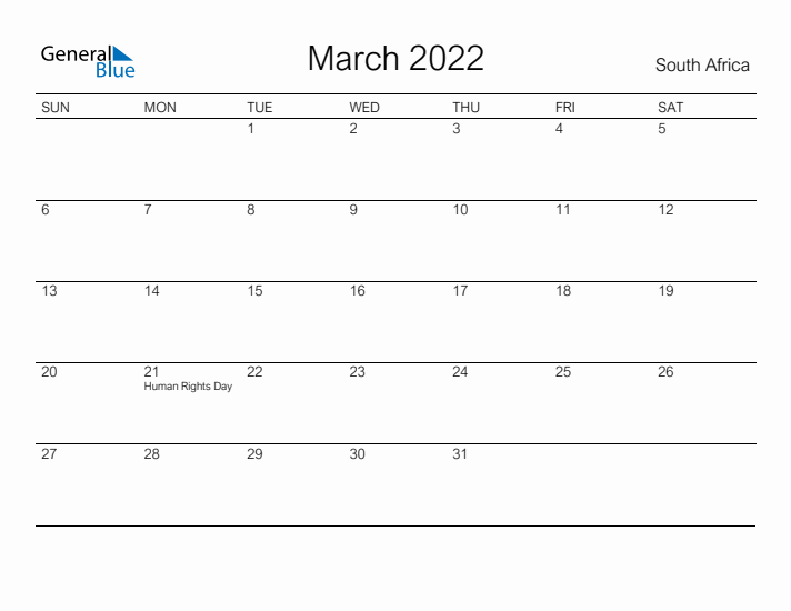 Printable March 2022 Calendar for South Africa