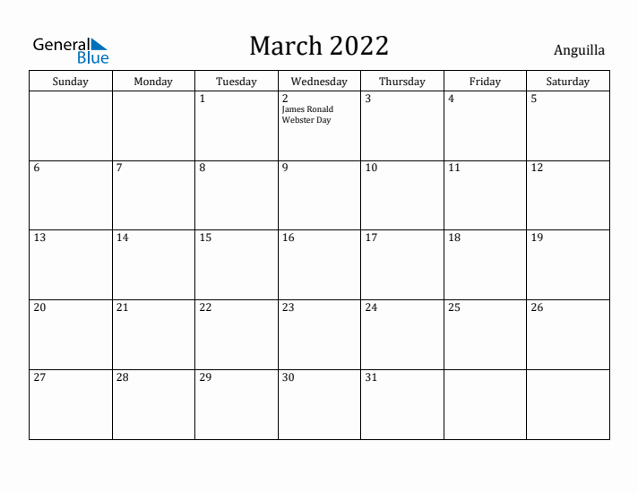 March 2022 Calendar Anguilla