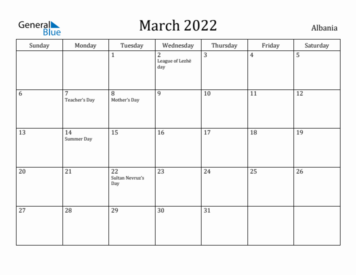 March 2022 Calendar Albania