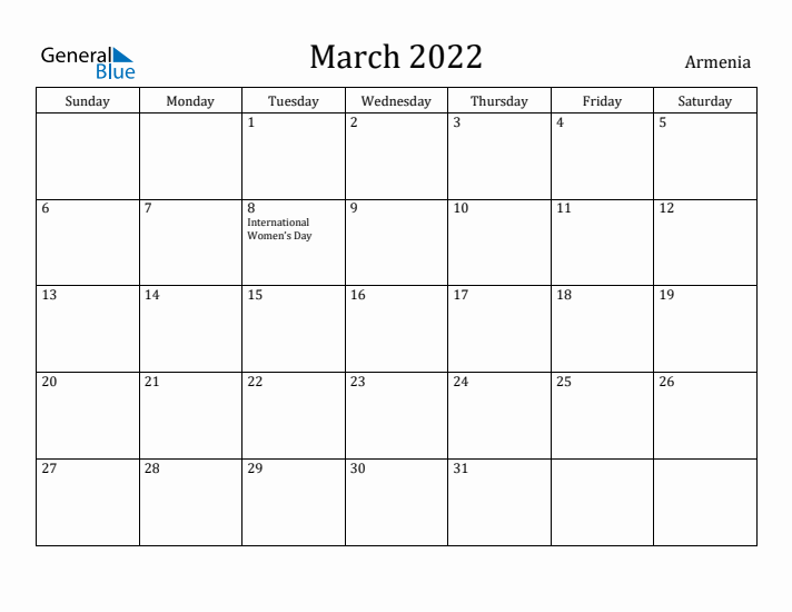 March 2022 Calendar Armenia