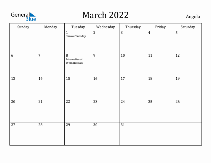 March 2022 Calendar Angola