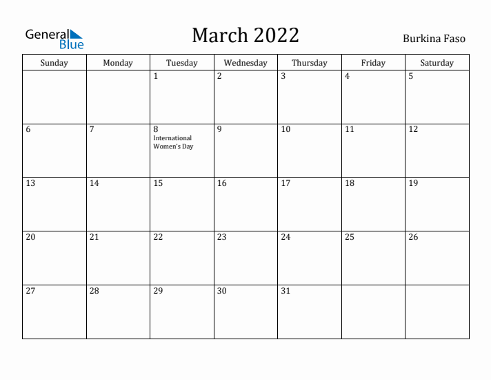 March 2022 Calendar Burkina Faso